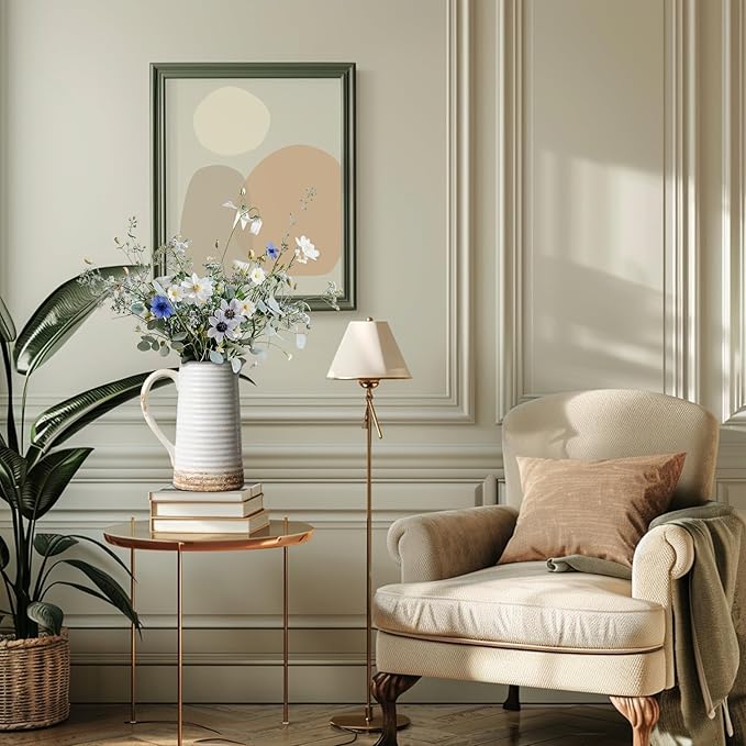 Quoowiit Ceramic Rustic Vase with Handle, White Distressed Decorative Farmhouse Pitcher Vase for Home Decor Living Room Bedroom Kitchen Office Shelf Decor Centerpiece Table Decoration