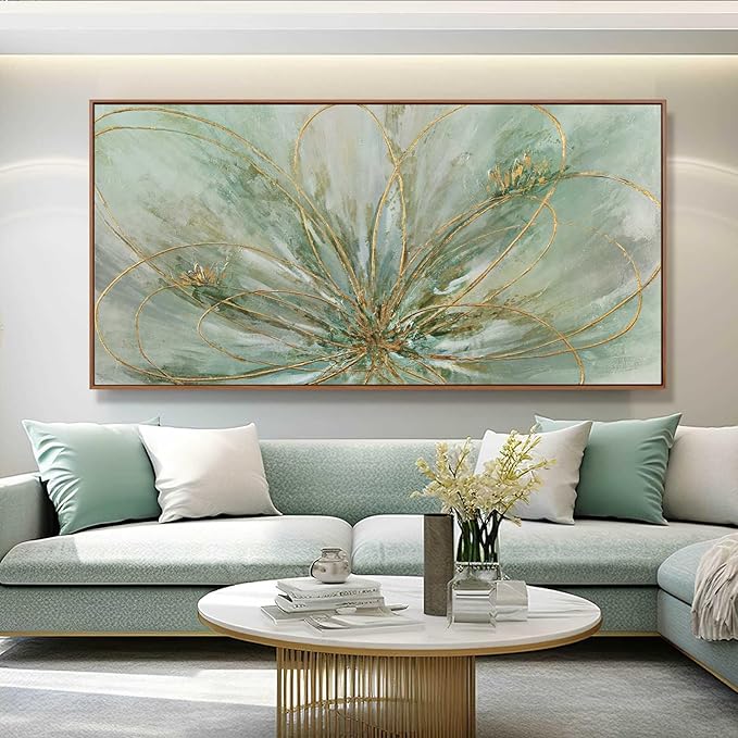 YJYart Abstract Canvas Wall Art Gold Line Wall Posters Green Wall Decor 36"x70" Oversized Artwork for Bedroom Dining Room Walls