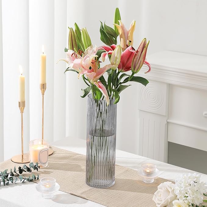 Black Glass Vase, Glass Flower Vase, Ribbed Glass Vase, Black Vase, Tall Cylinder Glass Vases for Centerpieces, Living Room, Bedroom, Dining Table, Office, Wedding, Bookshelf, 12 Inches