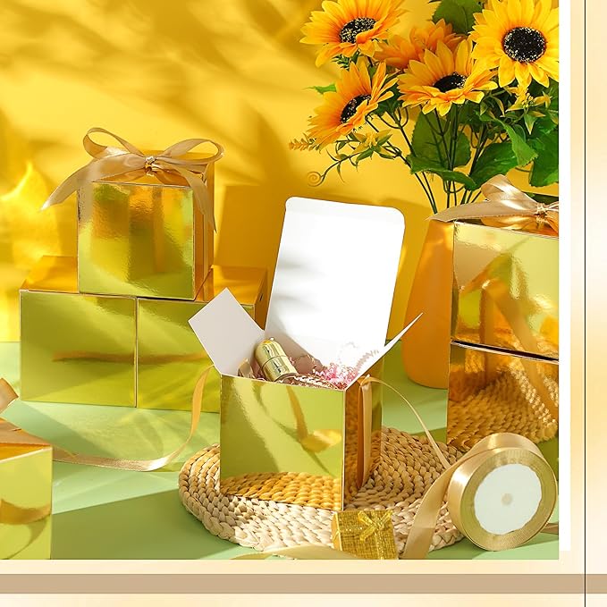 48 Pcs Christmas Gift Boxes with Ribbon Small Party Favor Boxes with Lids Mini Treat Candy Container for Wedding, Party, Birthday, Valentine's Day and More(Gold,4 Inch)