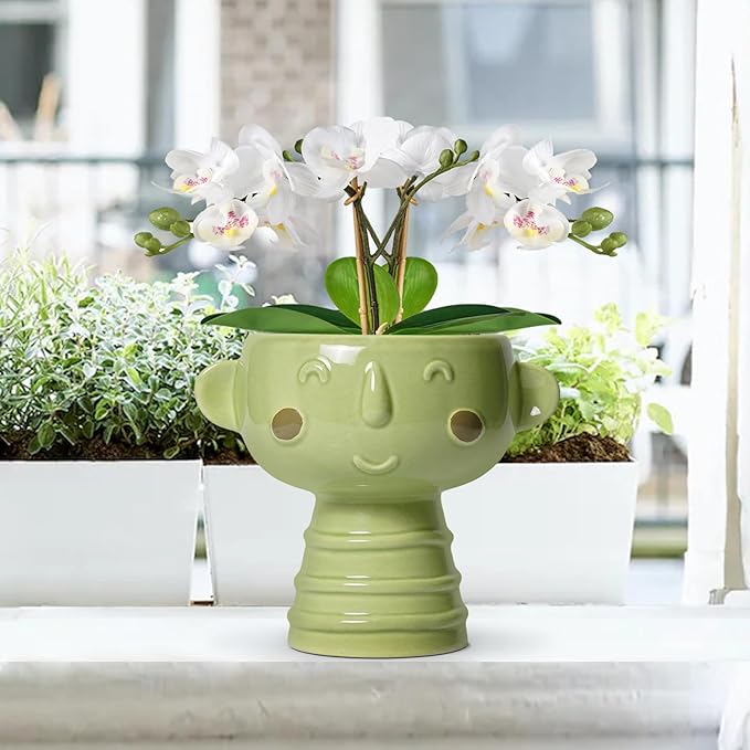 Face Planter Pots Head - 7 Inch Ceramic Succulent Plant Pots with Drainage Hole, Cute Head Planters for Indoor Outdoor Plants, Room Desk Office Decor, Plant Lover Gifts, Green