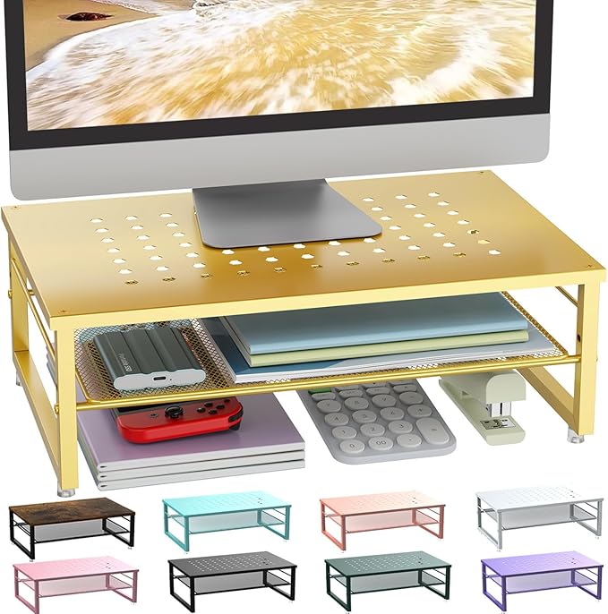 gianotter 2-Tier Metal Monitor Stand Riser, Desk Organizer for Monitor, Office Desk Storage Organizer for Office Supplies (Gold)