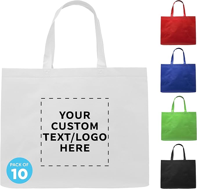DISCOUNT PROMOS Custom Jumbo Sized Tote Bags Set of 10, Personalized Bulk Pack - Reusable Grocery Bags, Shopping Bags, Promotional Item Totes for Women - White