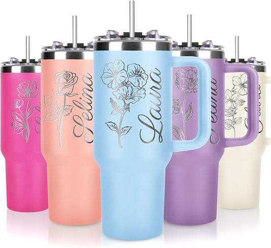 Personalized Tumbler with Pictures Text Name, Custom Double Wall Insulated Tumbler, 20oz Coffee Tumbler with lid and straw, Personalized Birthday Gifts for Women Men Friend Christmas (40oz Birthday)
