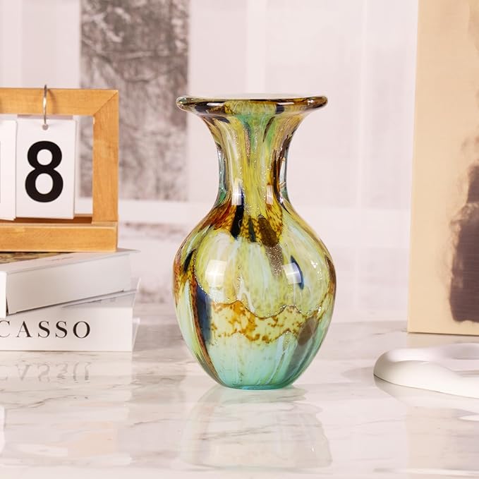 KAMMAK Colored Glass Vase, Beautiful Hand Blown Decorative Vase, Modern Art Vase for Flower Mantle Dining Table Centerpiece, Entryway Living Room Wedding Decoration, FH001