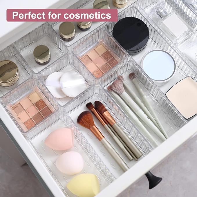 10 Pcs Clear Drawer Organizers, 3 Sizes Stackable Makeup Vanity Drawer Organizer Trays, Dresser Bathroom Desk Drawer Organizers Storage Bins Tray for Jewelry Makeup