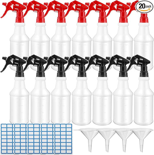 Eccliy 20 Pack 16oz Empty Spray Bottles, Leakproof Cleaning Bottles with Measurement and Adjustable Nozzle for Housekeeping, Commercial Use(Cylinder,Red Black Spray Head)