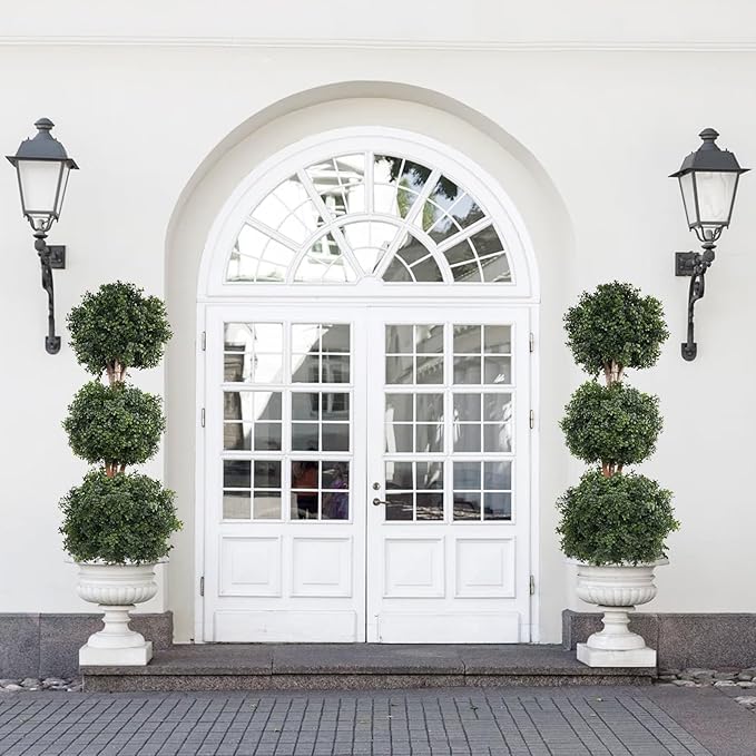 Artificial Topiaries Ball Tree Outdoor, 4.8ft Fake Topiary Triple Ball Boxwood Trees(2 Pieces), Faux Shrubs Plants Potted Artificial Tree Green Decorative Indoor Porch or Garden 57inch