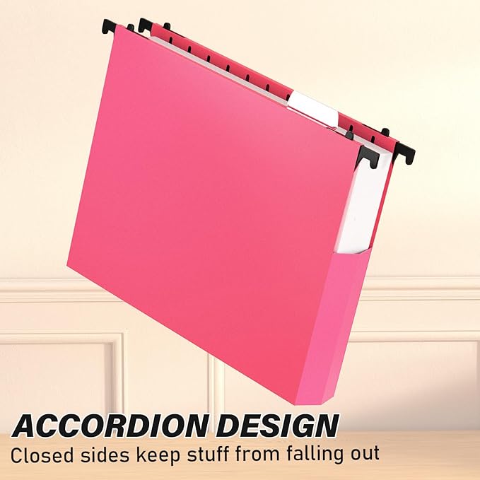 Ansook Hanging File Folders Letter Size Extra Capacity, Heavy Duty 2" Expandable File Folders Hanging with Tabs, 12 Pack Pink Filing Cabinet Folders,Plastic Hanging File Organizer,File Frme Folder