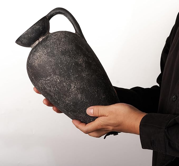Terracotta Vase with Handle, Black Boho Ceramic Pottery 10inch, Farmhouse Unique Textured Round Jug, Rustic Vintage Decorative Vases for Flowers, Centerpieces, Living Room.