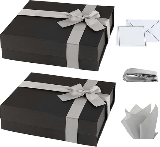 Purple Q Crafts Premium Black Gift Box with Magnetic Closure 2 PACK - 10x7x3 inches - Includes Ribbon and Gift Card - Elegant Presentation Box for All Occasions