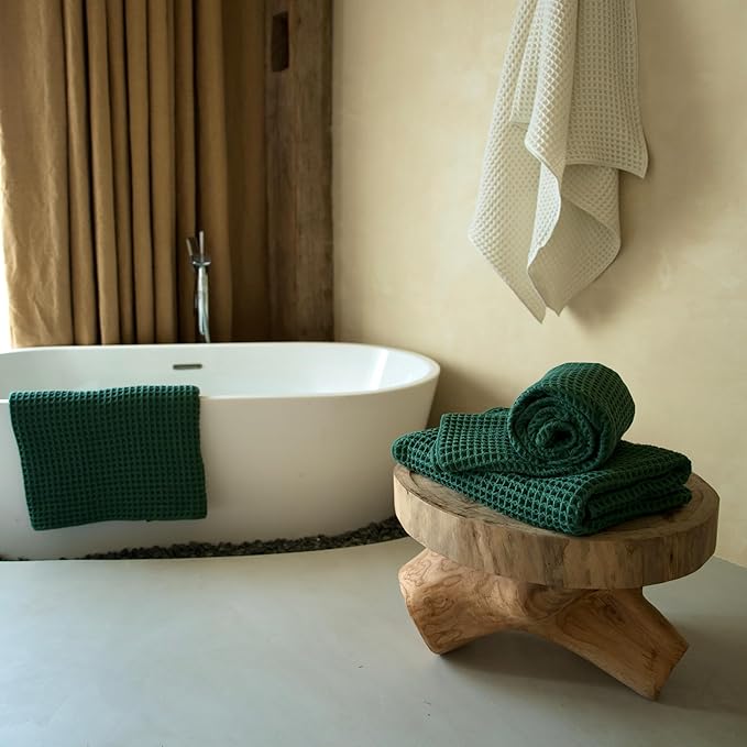 Luxury Japanese Cotton Waffle Bath Towel | Plush, Absorbent, and Quick Dry | Free Storage Bag Included (Forest Green, Bath Sheet (Set of 2))