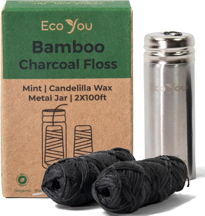 Charcoal Bamboo Floss | 2 Non Toxic Natural Floss Refill with Metal Container | Organic Mint & Candelilla Wax | Vegan & Biodegradable | Compatible w/Similar Dental Floss Silk Refill Containers