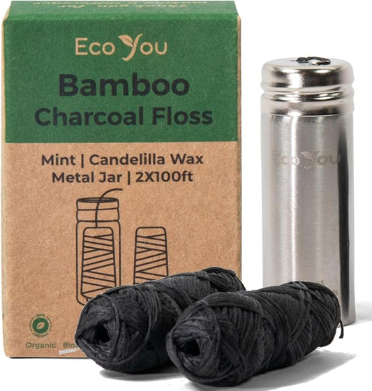 Charcoal Bamboo Floss | 2 Non Toxic Natural Floss Refill with Metal Container | Organic Mint & Candelilla Wax | Vegan & Biodegradable | Compatible w/Similar Dental Floss Silk Refill Containers