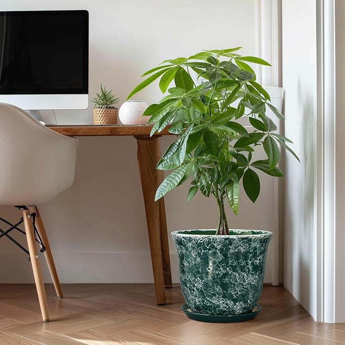 Ceramic Planter - 12 Inch Pots for Plants with Drainage Hole and Saucer, Round Planter for Indoor Outdoor, Large Plant Pot, Modern Planters, Garden Patio Decor, House Warming Gifts, Green