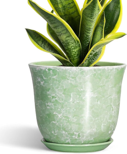 Ceramic Planter - 8 Inch Plant Pot for Indoor Outdoor, Round Flower Pots with Drainage Hole and Saucer, Modern Decorative Planters, Home Office Desk Decor, Gifts for Plant Lovers, Green