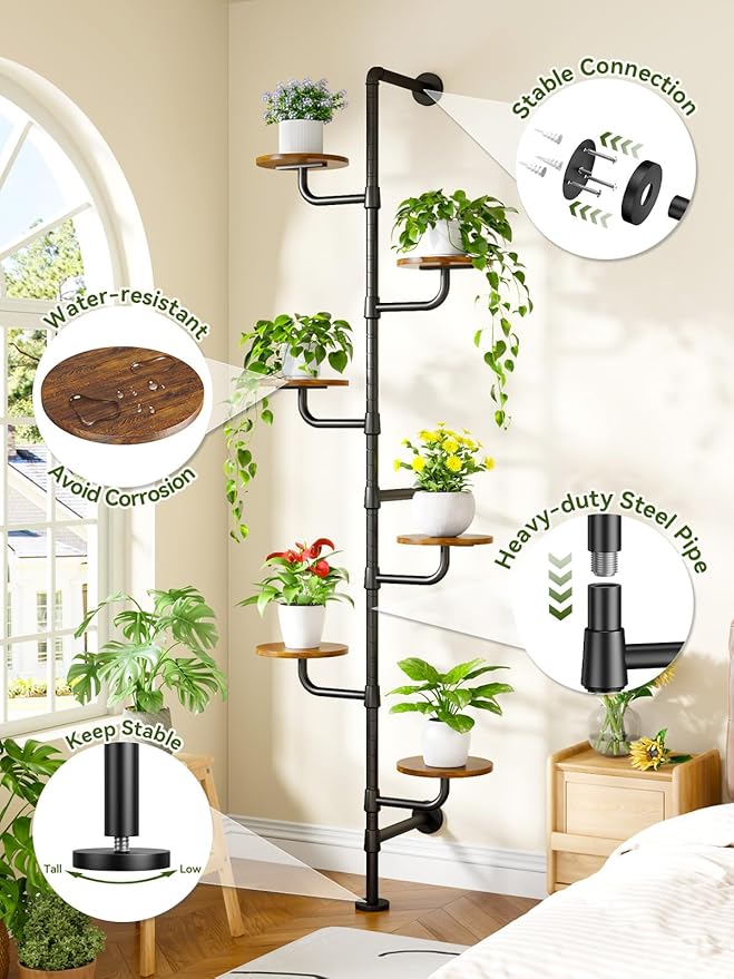 Plant Stand Indoor, 6-Tier Plant Shelf, Tall Wall Mounted Metal Pole & Rotating Wooden Board Plant Holder for French Window, Corner, Home Decor - C5