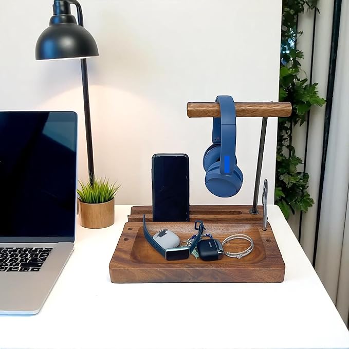 Solid Acacia Wood Multiple Headphone Stand – Multi-Device Holder for iPad, iPhone, Tablets & Phones, Desk Organizer with Tray, Pen & Pencil Holder, 1.5" Thick Base, Wooden Tech Dock