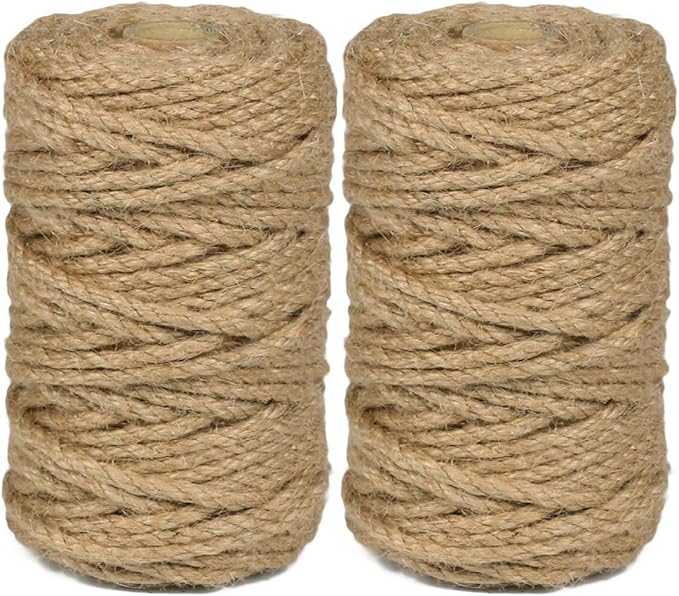 2Pcs 5mm Natural Jute Twine Rope 210 Feet Twisted Heavy Duty Thick Twine for Cat Scratching Post Tree Craft Projects Garden Home Decoration Packing Bundling (Brown-105Feet/Roll)