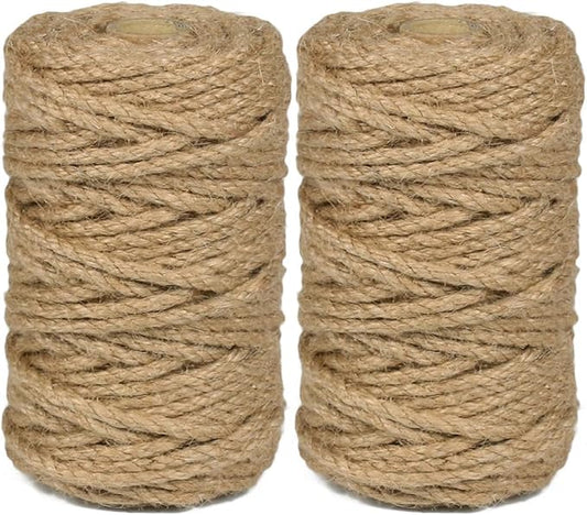 2Pcs 5mm Natural Jute Twine Rope 210 Feet Twisted Heavy Duty Thick Twine for Cat Scratching Post Tree Craft Projects Garden Home Decoration Packing Bundling (Brown-105Feet/Roll)