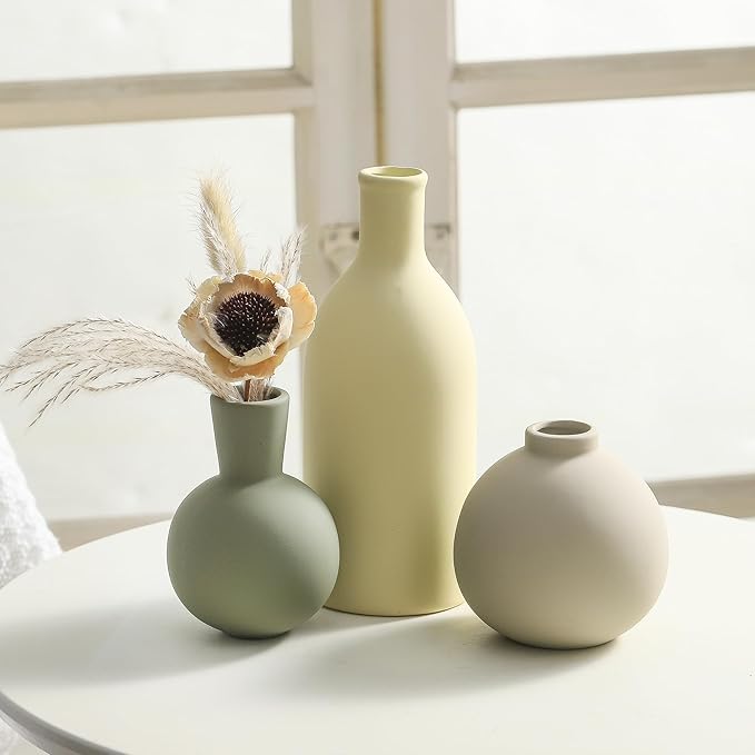 Vases Set of 3, Ceramic Vases Home Decor Rustic Vase Set Table Decor Vase Pottery Vases for Bouquet Pampas Grass Dried Fresh Flowers, Living Room Kitchen Bedroom Bathroom Entryway -Light Color