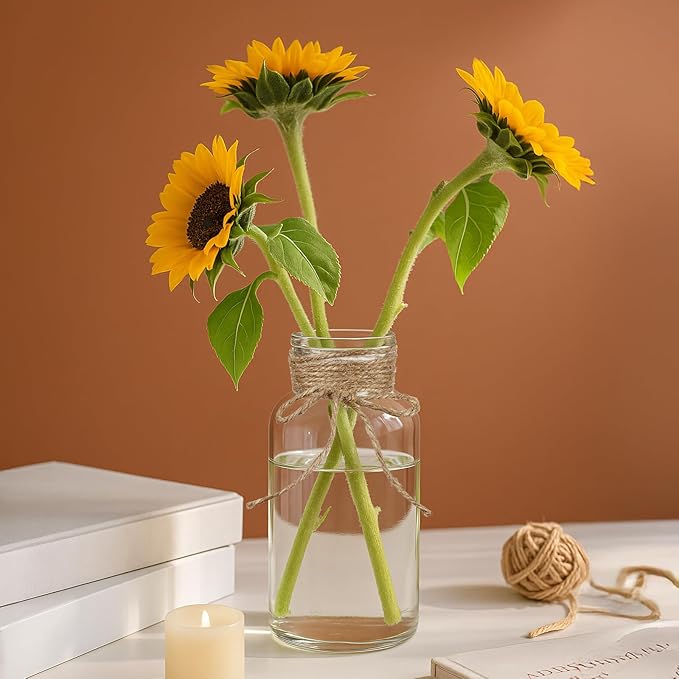 Vintage Glass Flower Vase Bulk 16 Pack Farmhouse Transparent Centerpiece Vases with Hemp Rope Mason Jars for Weddings Parties Dining Table Home Decor（Large）