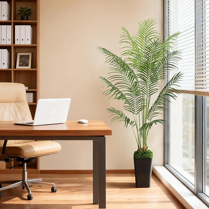 6FT Artificial Palm Tree, Tall Fake Tropical Areca Plant with Black Square Planter for Indoor Outdoor Home Decor, Realistic Faux Palm Tree for Living Room, Office, Porch, Garden