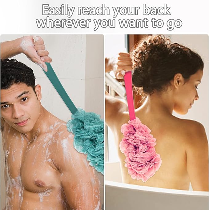 2Pack Back Scrubber for Shower, Loofah Sponge Brush Exfoliating Body, Long Handle Scrub Brush for Shower with Loofah on a Stick for Back Use, Bathing Accessories Body Brushes (2Pack)