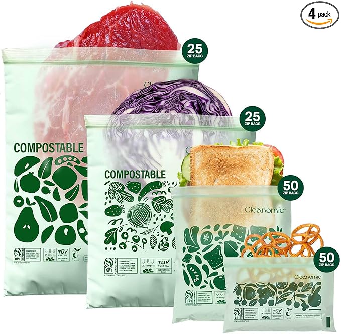 CLEANOMIC Compostable* Food Storage Bag Bundle - Gallon, Quart, Sandwich and Snack Sizes