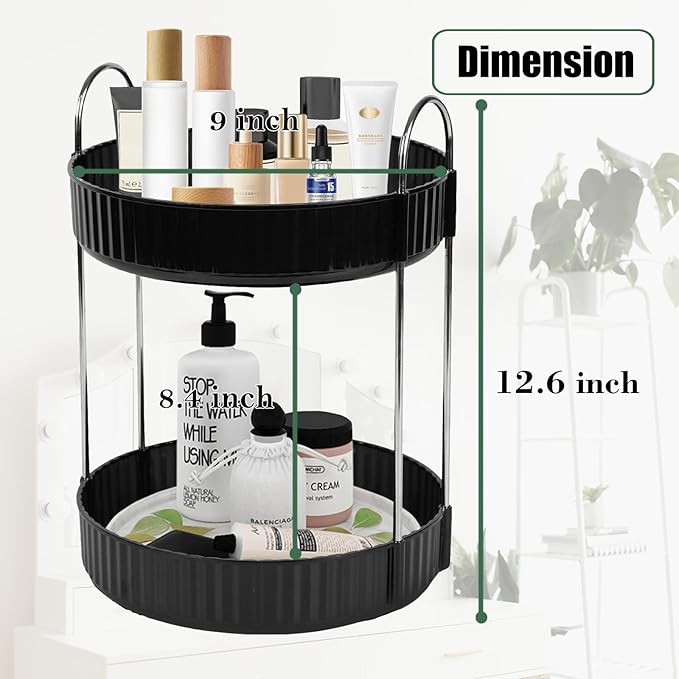 Rotating Makeup Organizer Countertop 2 Tier Lazy Susan Trays Spinning Skincare Perfume Storage for Bathroom Counter Vanity, Black