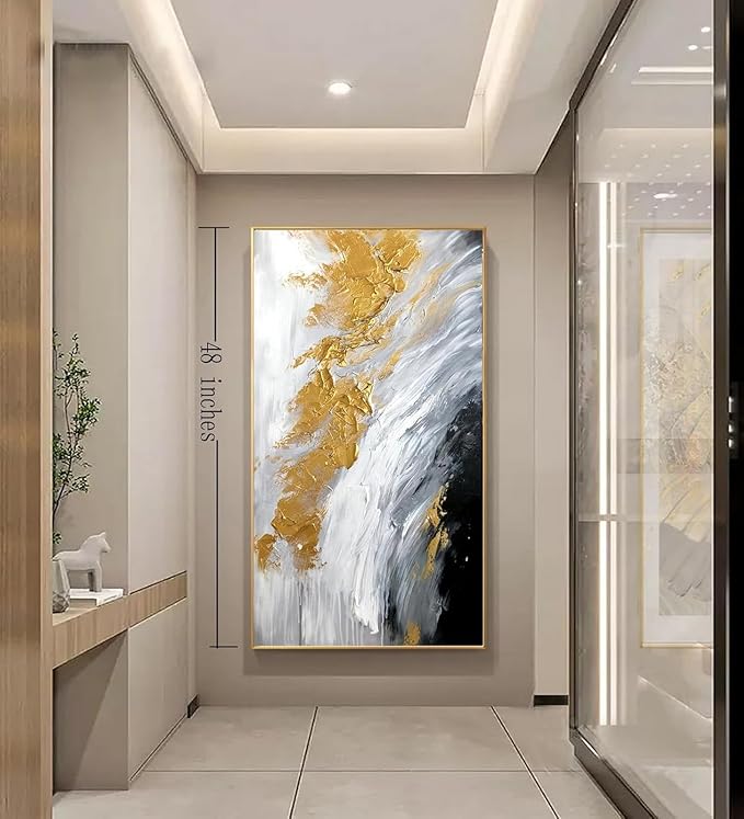 Hand-Painted Black and White Abstract Oil Painting on Canvas for Entrance-Hall, Framed Gold Wall Art for Living Room,Large 3D Wall Picture for Bedroom Kitchen Home Decoration 24x48inch