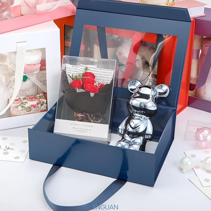 JINGUAN 5 Navy Blue Gift Boxes with Windows, Clear Magnetic Gift Boxes for Presents, Groomsman Proposal Boxes (11x8x3.2 Inches)