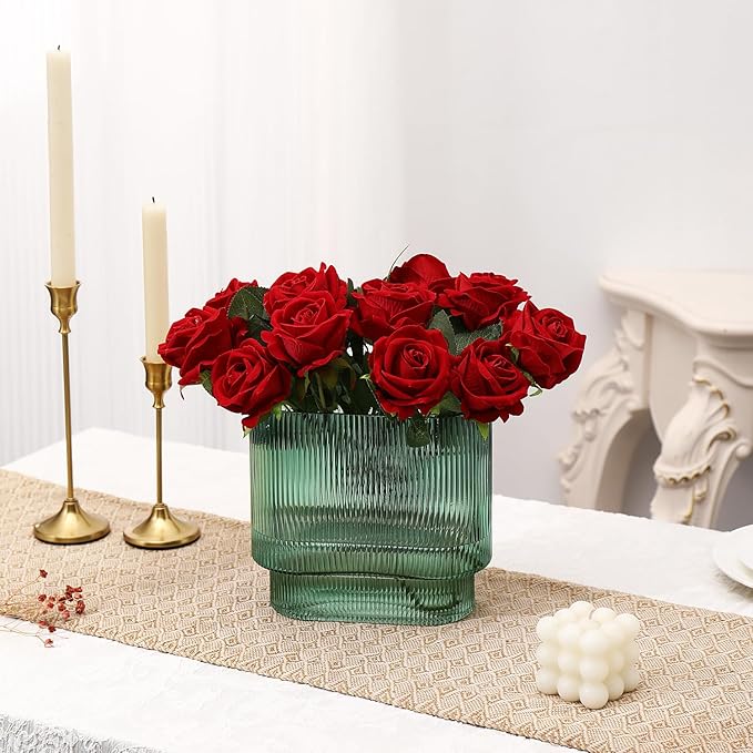 Green Glass Vase, Ribbed Glass Vase for Flowers, Flower Vases for Bouquet, Fluted Glass Vases, Modern Vase for Living Room, Dining Room, Bathroom, Desk, Shelf, Wedding, Office, 7 Inches