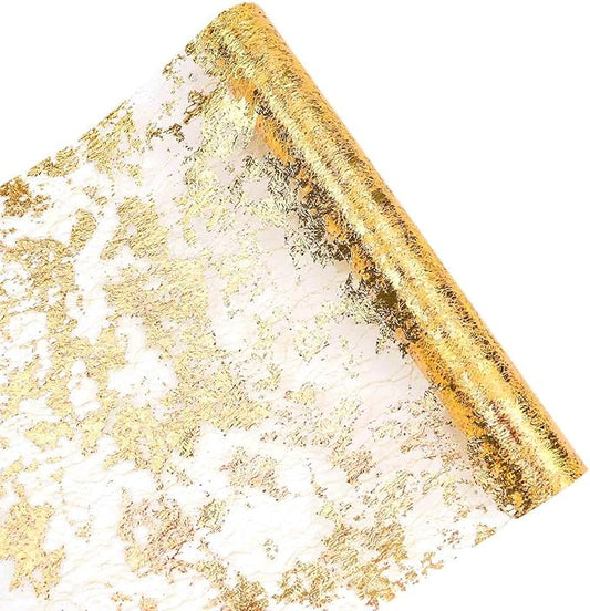 Gold Table Runner Roll Gold Party Table Runners Sequin Glitter Foil Metallic Thin Mesh Runner Sparkle Golden Table Decorations for Wedding Birthday Party Christmas New Year (5 Yards)