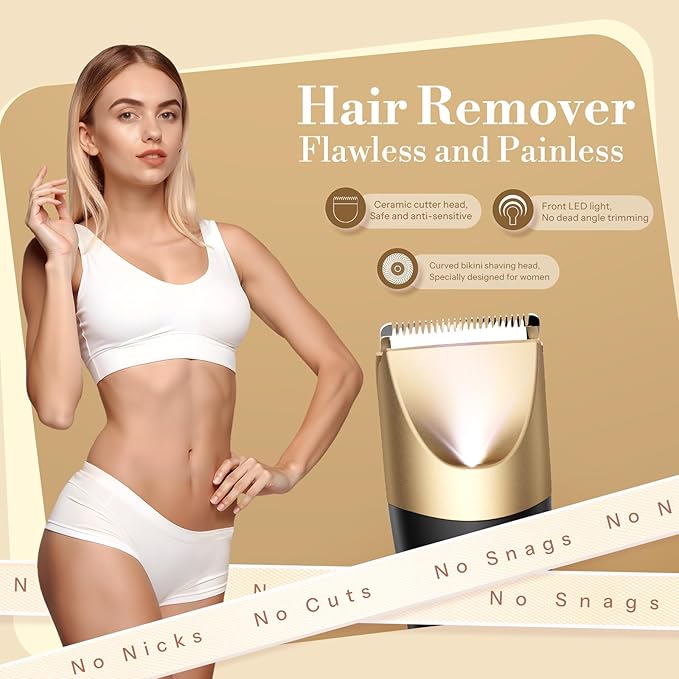 Bikini Trimmer for Women, 2 in 1 Electric Shaver for Women, Bikini Razor Waterproof IPX7 with LED, Pubic Hair Trimmer for Leg Arm Underarm Bikini Area, Christmas Gift Box for Friends - Black Gold