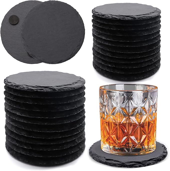 24 Pack Round Slate Drink Coasters, VIBRATITE 4 Inch Black Slate Stone Coasters Bulk Cup Coasters Laser Engraving Blanks with Anti-Scratch Bottom for Drink Coffee Bar Kitchen Home Decor