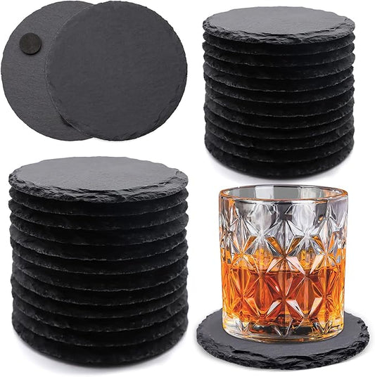 24 Pack Round Slate Drink Coasters, VIBRATITE 4 Inch Black Slate Stone Coasters Bulk Cup Coasters Laser Engraving Blanks with Anti-Scratch Bottom for Drink Coffee Bar Kitchen Home Decor