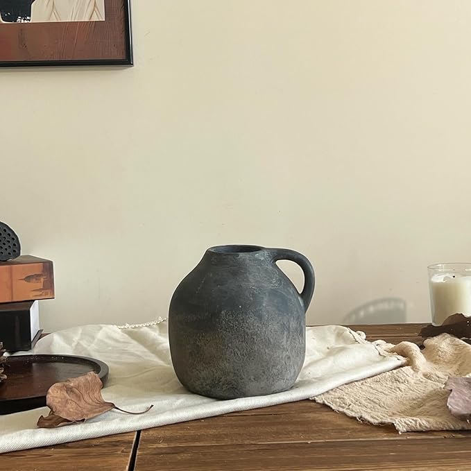 Rustic Ceramic Vase with Handle, Handmade Vintage Pottery for Home Decor, Black Farmhouse Flower Vase for Living Room, Wedding, Kitchen Centerpiece - 5.6 Inch