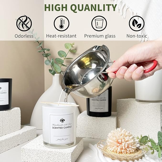 12 Pack 10oz Glass Candle Jars with Lids and Sticky Labels, Empty Candle Jars for Making Candles Bulk Containers(Inner White)