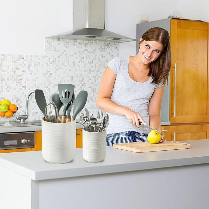 HASENSE Cooking Utensil Holder, 7.4"+5.5" Ceramic Kitchen Utensil Holder for Counter, Rustic Utensil Oganizer Crocks for Spatula, Kitchen Gift for Christmas Wedding, Set of 2, Clay-Infused White