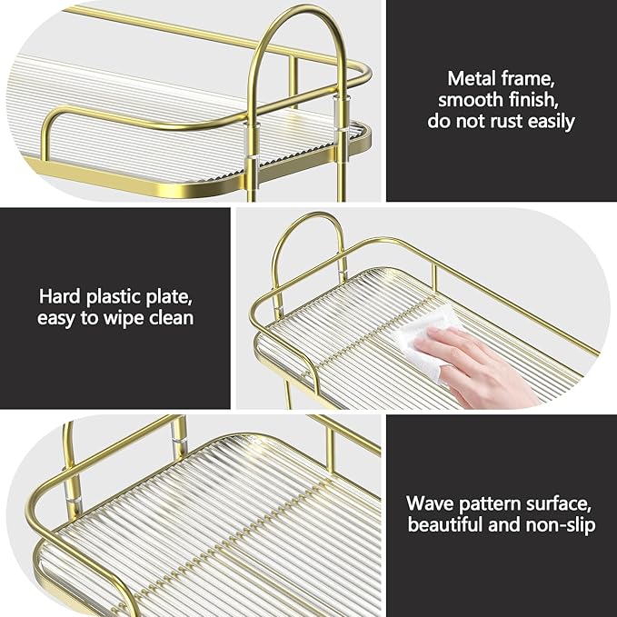 FOLLOWIN 2 Tier Countertop Organizer,Countertop Storage Perfume Tray,Vanity Counter Shelf,Bathroom Organizers and Storage Vanity,2-Tier Coffee Tray,Shine Gold