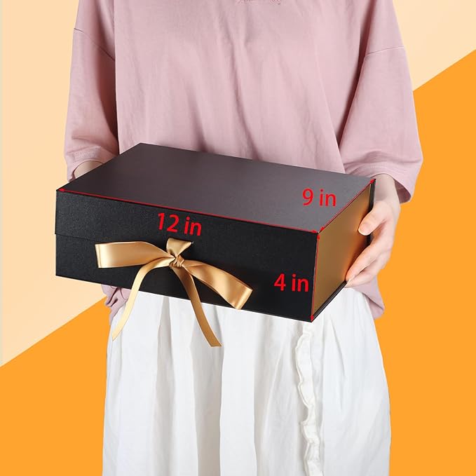 4 Pack 12x9x4 Inches Gift Boxes with Magnetic Closure Lids, Black-Gold Magnetic Box with Ribbon for Wedding, Groomsmen Bridesmaid Proposal, Birthdays, Mother's Day