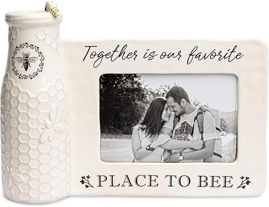 youngs Inc Ceramic Bee Vase w/Photo Frame, White, Black, 11.25" Length x 3.00" Width x 8.00" Height