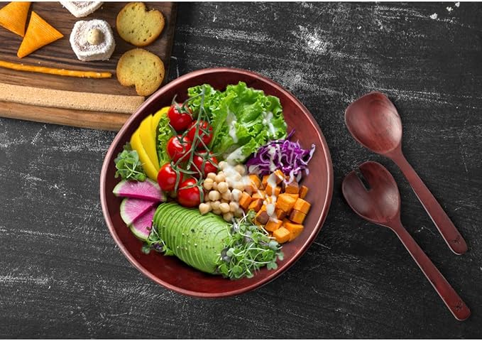 Melvvi Large Wooden Salad Bowl Set with 2 Serving Utensils | 12" Acacia Wood Royal Brown color Bowls for Food | Great Gift for Thanksgiving & Christmas (Royal Set of 3)