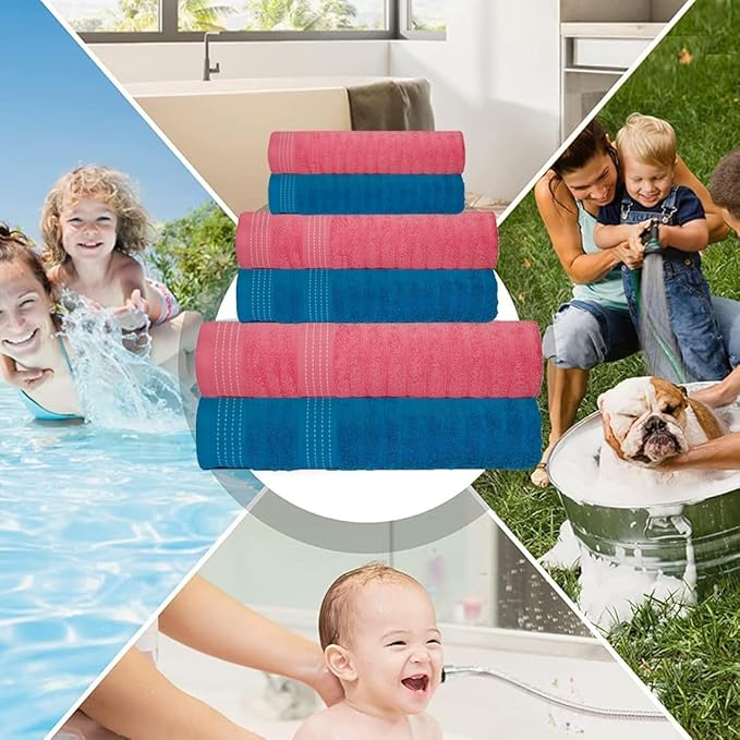 CASA COPENHAGEN Elegance 6 Pieces Ribbed Towels Set, Teal + Pink, 550 GSM, 2 Bath Towel 2 Hand Towel 2 Washcloths, Super Soft Egyptian Cotton for Bathroom, Kitchen & Shower