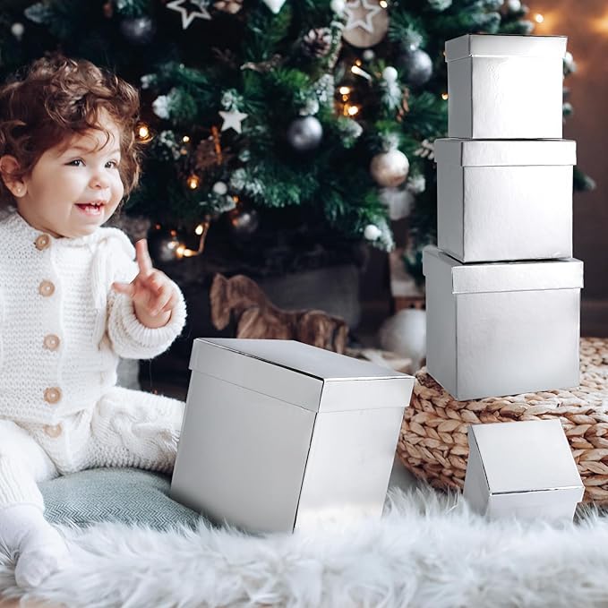 UNIQOOO 5Pcs Metallic Silver Christmas Gift Box Set with Lid, Assorted Size, Silver Square Nested Wedding Keepsake Card Gift Box, Paper Box Tower Organizer For Party, Thanksgiving, Gift Wrap Packaging