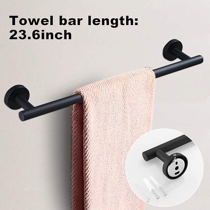 10Pcs Bath Towel Bar Set, Includes 23.6 & 16 Inch Towel Bars, Hooks, Rings & Toilet Paper Holder - Black