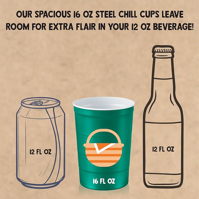 16 oz. Party Cup Summer BBQ Grill Picnic Design for Cold Drinks, Sturdy, Durable, Disposable, Recyclable, Made in USA, Green 12 Count