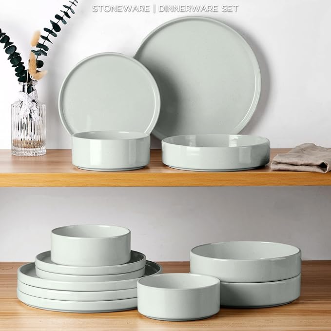 Onader Speckled Dinnerware Set for 4 with Pasta Bowl, 16 Piece Stoneware Plates and Bowls Dishes Set, Microwave & Dishwasher Safe – Pale Sage Green