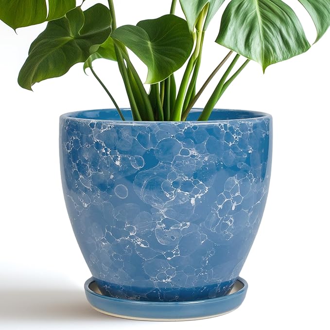 8 Inch Plant Pot - Ceraimc Planter for Indoor Outdoor Plants, Round Flower Pot with Drainage and Saucer, Decorative Planter, Porch Room Office House Decor, Gardening Gifts for Women, Blue